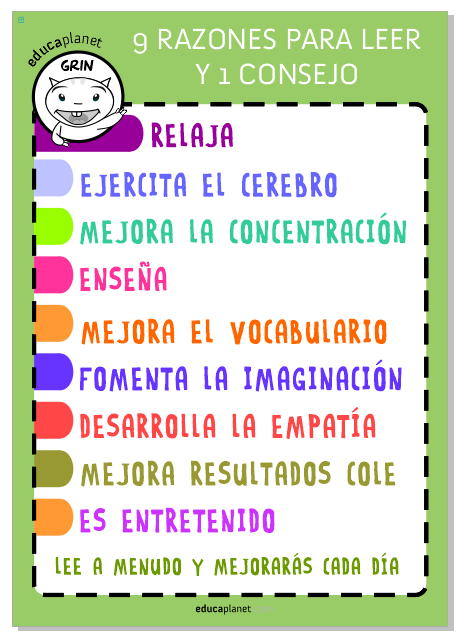 Poster Grin Educaplanet - 9 razones para leer y 1 consejo