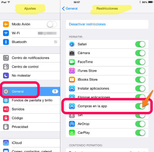 Desactivar compras in-apps en tabletas Apple