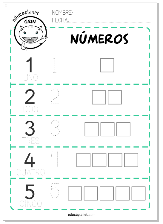 Actividad ficha imprimir números 1-5 Preescolar matemáticas