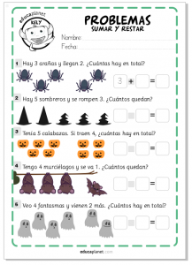 Ejercicios sumar restar problemas sumas restas halloween
