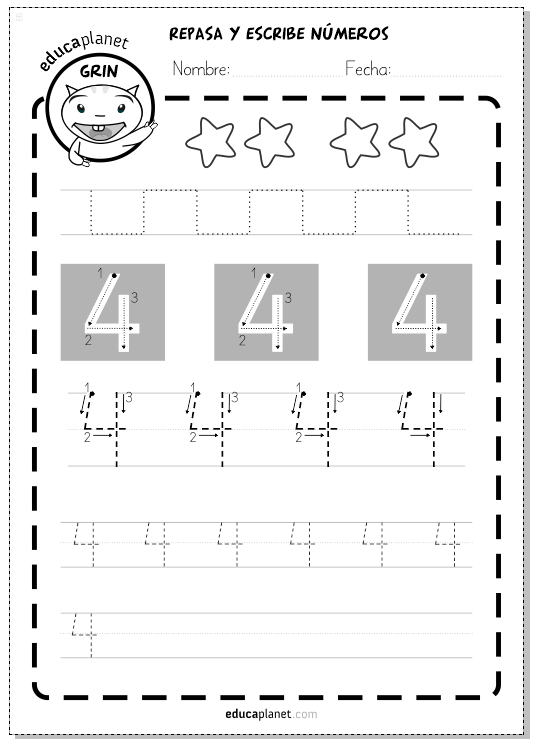 trazar números 4 preescolar grafomotricidad