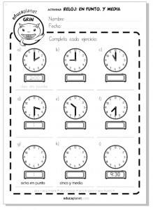 reloj horas ejercicios Primaria niños