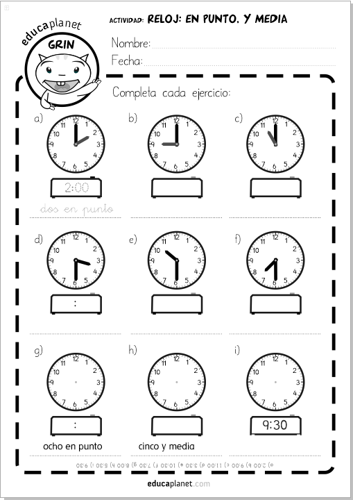 horas reloj ejercicios juego ficha