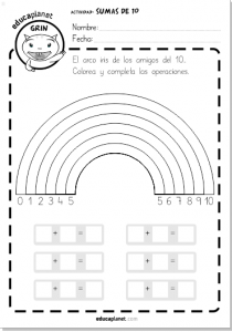 ficha sumas amigos del 10 arco iris