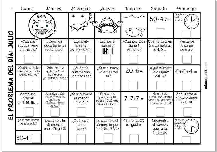 calendario con problemas diarios matemáticas