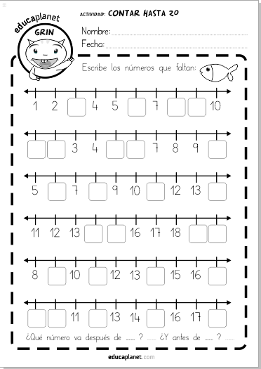 recta numérica ficha hasta 20