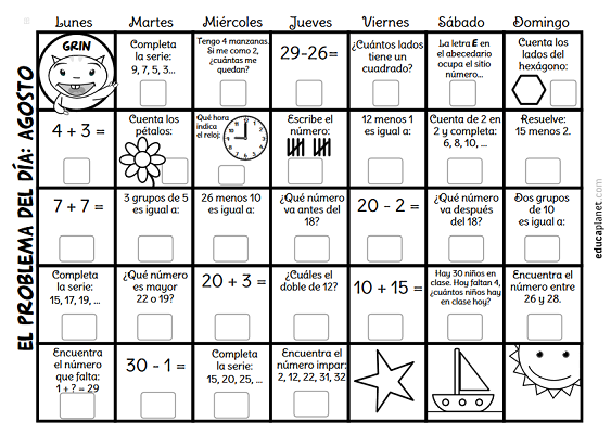 calendario con problemas diarios de matemáticas primaria