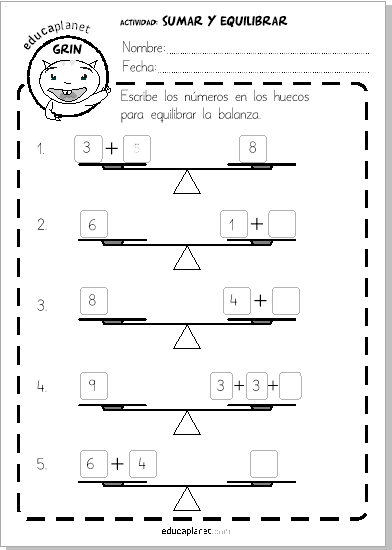 ejercicios sumar equilibra balanza educaplanet