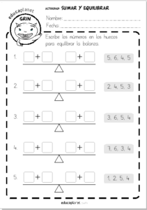 ejercicios sumar equilibra balanza 