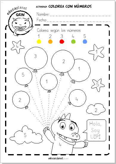 Ficha infantil GRATIS: COLOREA CON NUMEROS O VOCALES EDUCAPLANET APPS