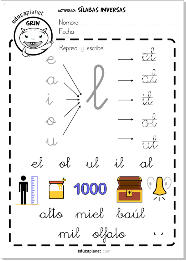 Ejercicios sílabas inversas para imprimir 