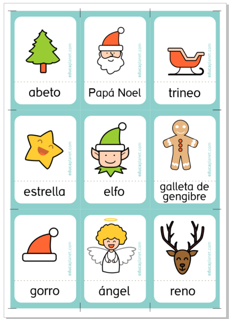Tarjetas Educaplanet vocabulario palabras Navidad ilustrado para Infantil 
